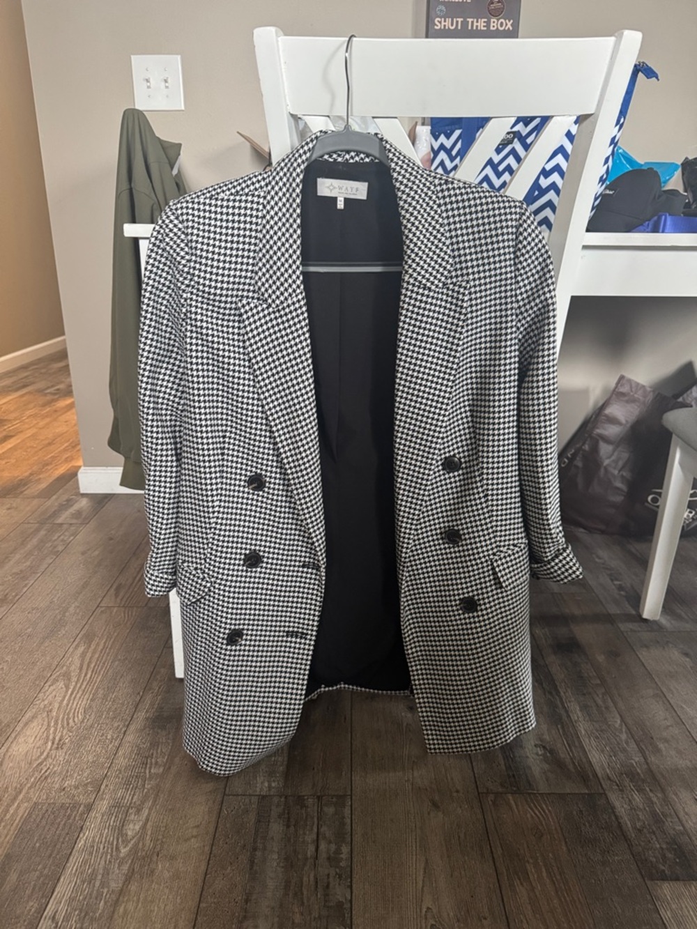 Wayf Black and White Houndstooth Double-Breasted Blazer